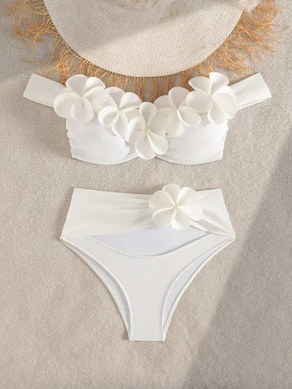 White Floral 3D Women's Sexy Beach Party Outfit Bikini Set